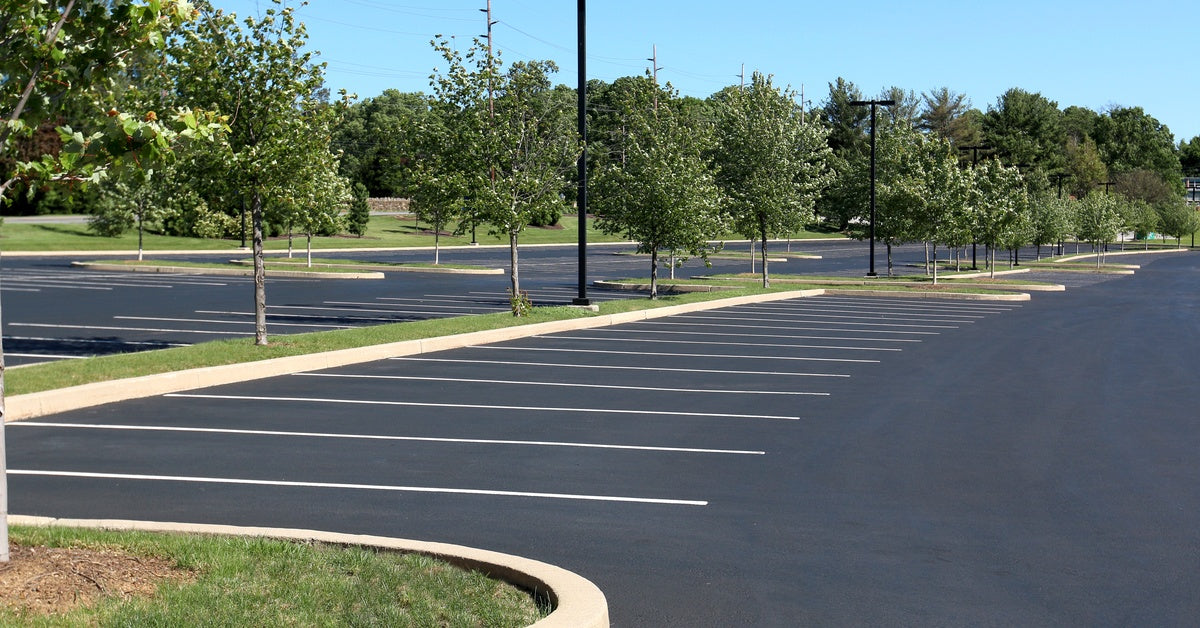 A fresh black asphalt parking lot with white striping sits empty surrounded by trees under a bright blue sunny sky.